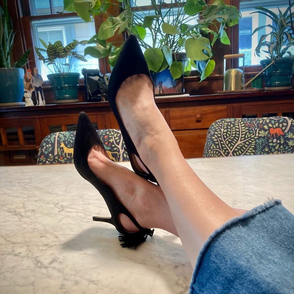 Tassel, black suede mid height heels